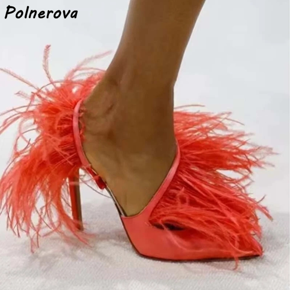 Slip Dress Satin - Satin Surround Feather Fringe Sandals Pointy