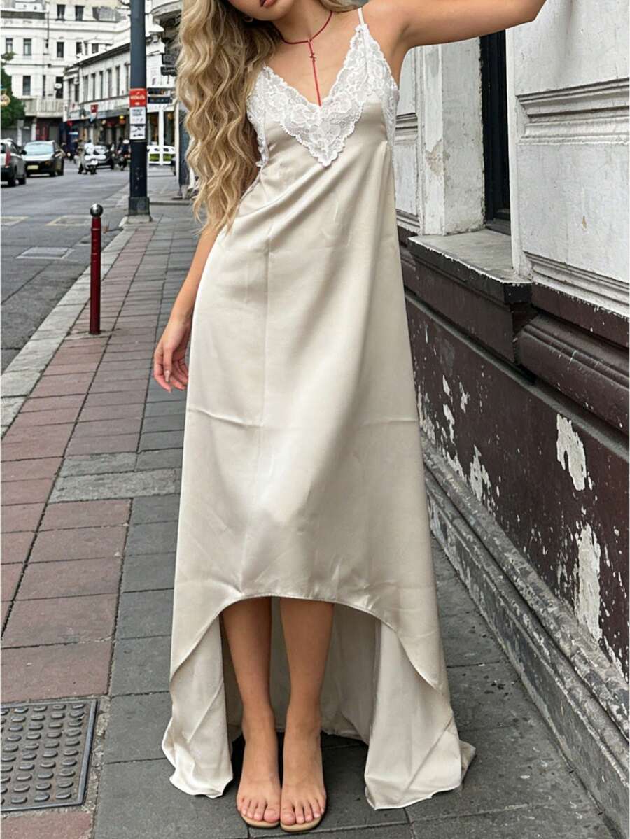 Women Summer Deep V-Neck Lace  - Slip Dress Satin 评论和价格