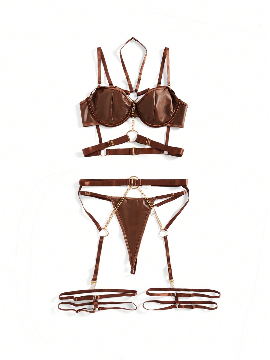 Patent Leather Underwire Bra A - Garter Belt Set 评论和价格